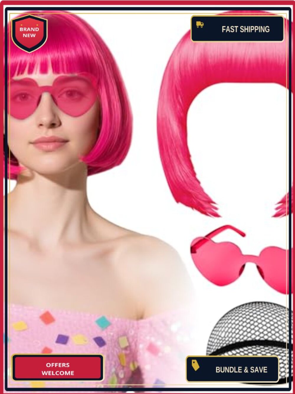 Short Bob Party Wig with Heart Sunglasses Adjustable Cap Cosplay Costume
